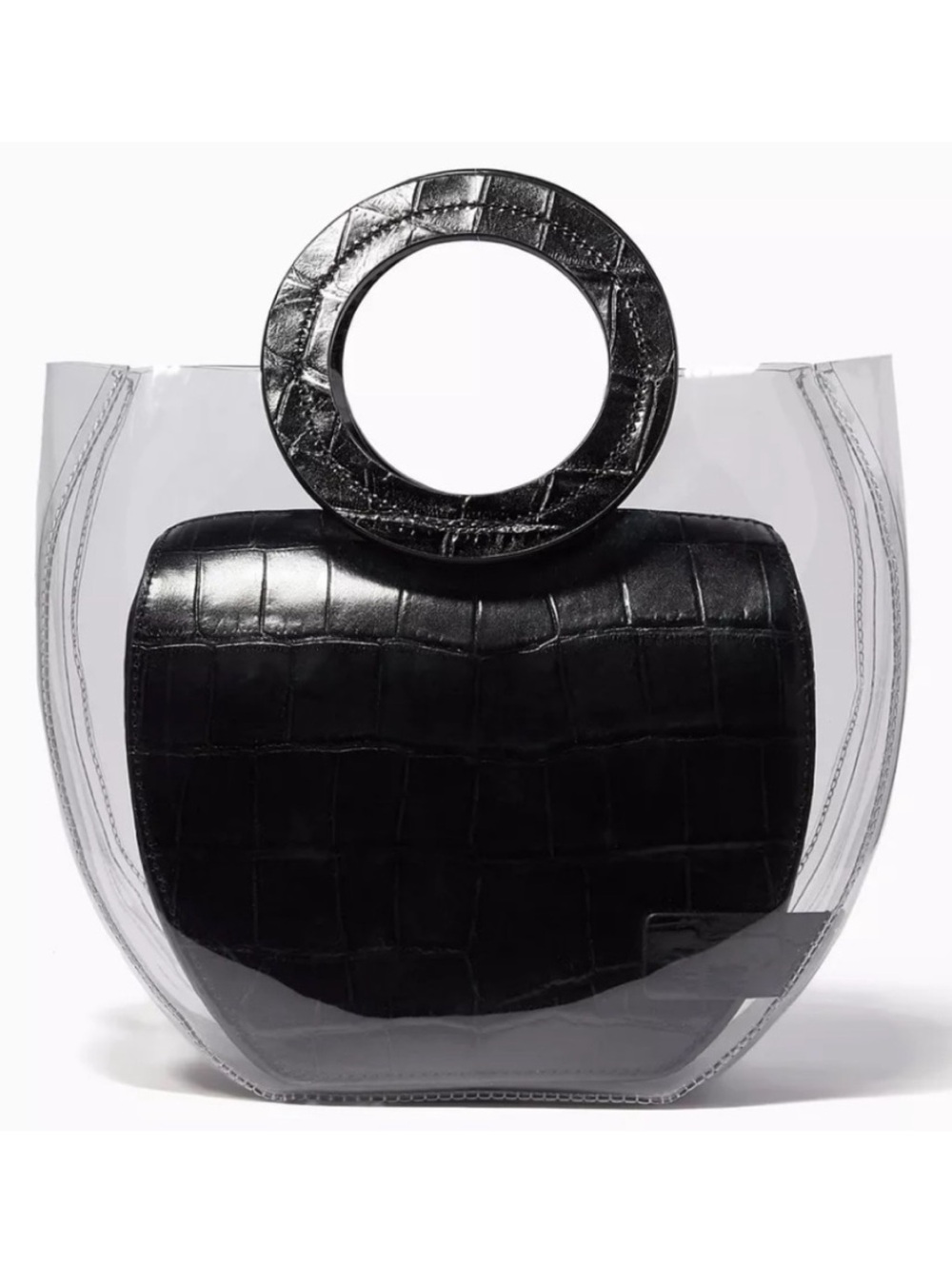 STAUD Frida Bag Black Leather Croc & Clear PVC Tote Handbag Convertible